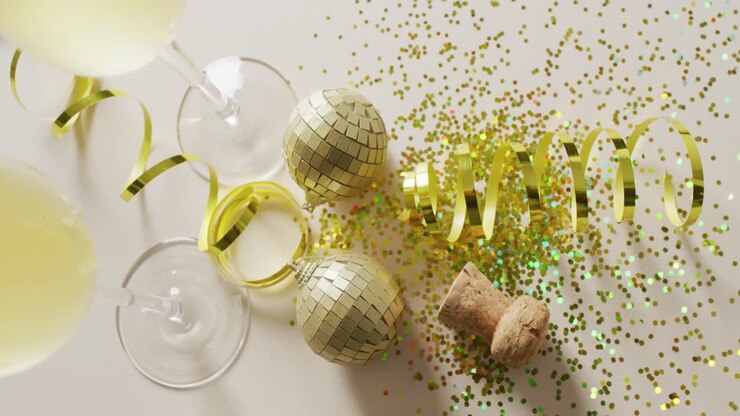 Video dall'alto di due bicchieri da champagne e tappo con stelle filanti dorate, glitter e addobbi su sfondo bianco