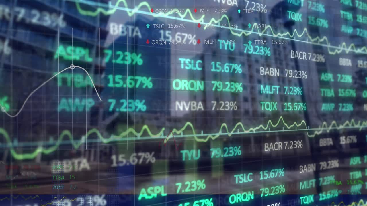 animación del procesamiento de datos estadísticos y del mercado de valores contra edificios altos