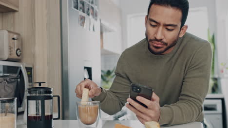 hombre asiático, teléfono o comer comida de desayuno