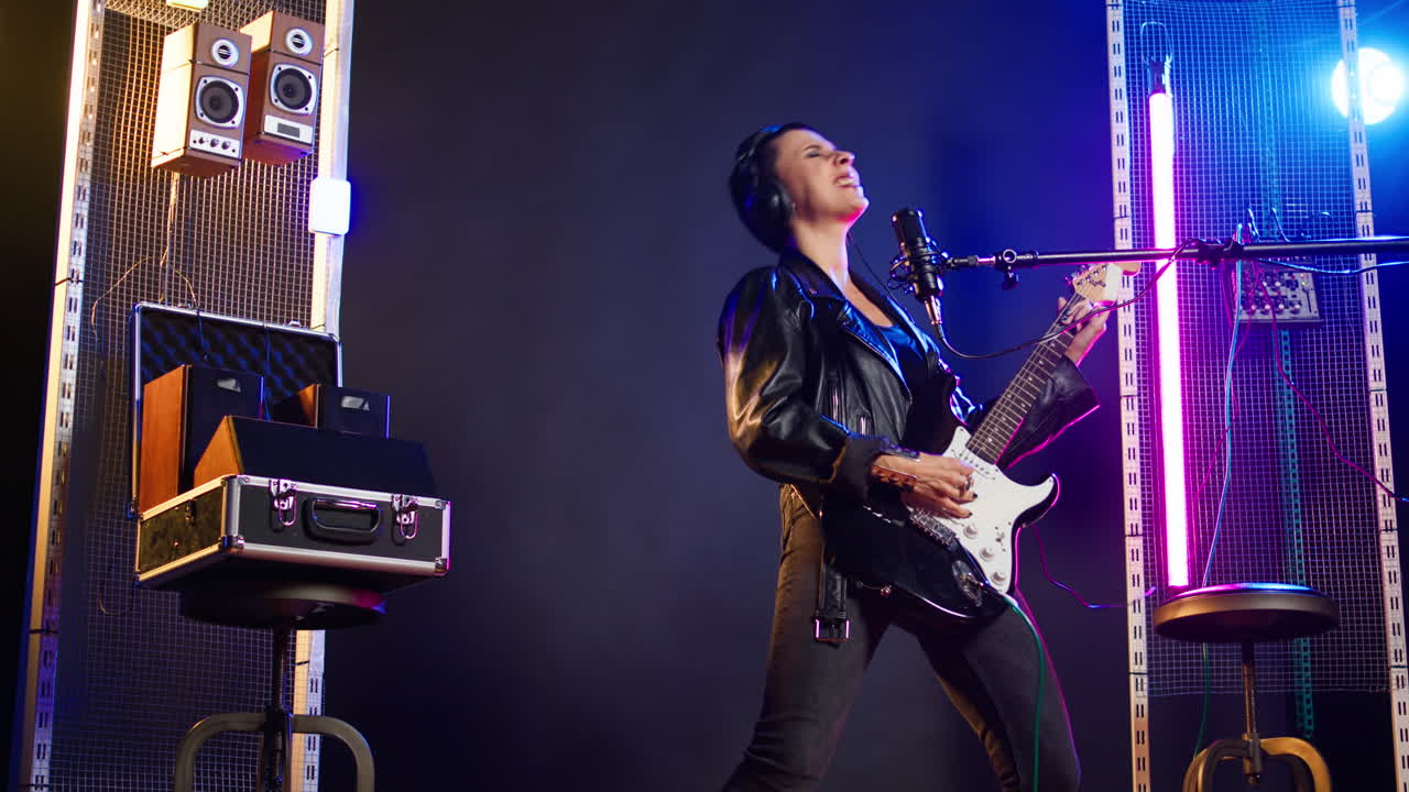 A woman performing music with an electric guitar