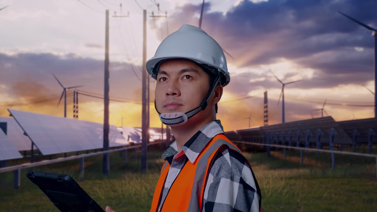 Close Up Side View Of Asian Male Engineer With Safety Helmet Looking At The Tablet In His Hand And Looking Around While Standing With Solar Panel and Wind Turbines