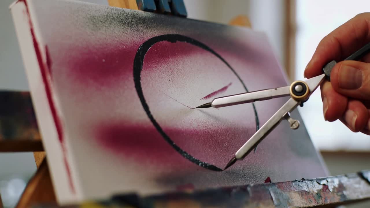 Colocando un compás, la mano del artista dibuja un círculo negro sobre un lienzo en un caballete, añadiendo contraste al magenta.