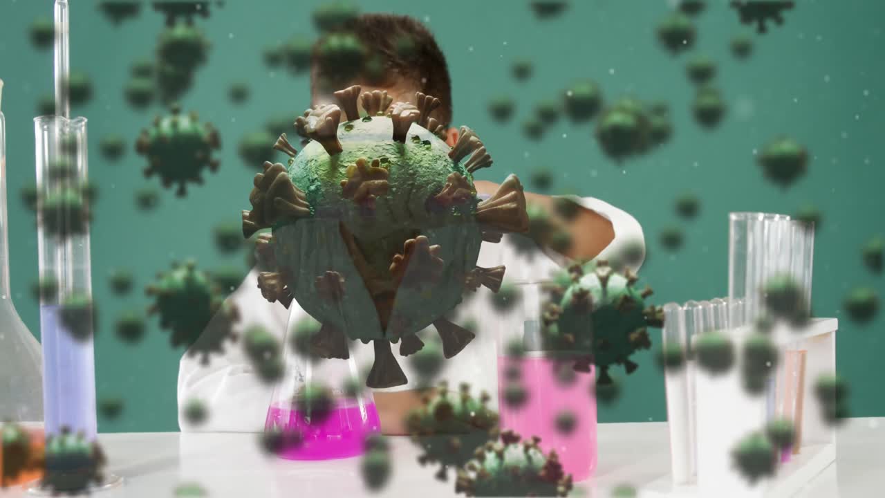 células de covid-19 contra un niño haciendo un experimento en el laboratorio