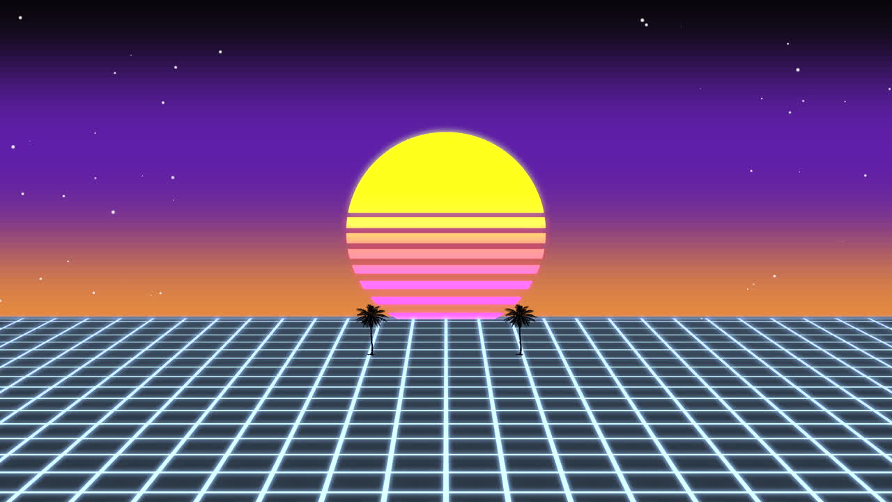 rejilla azul retro en movimiento y gran sol con palmeras