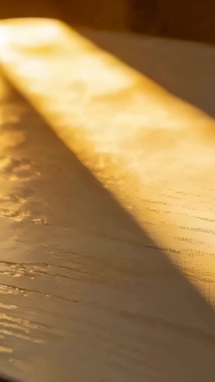 Vertical video: Streaming beam entering window slit moving across wood table, revealing dust motes