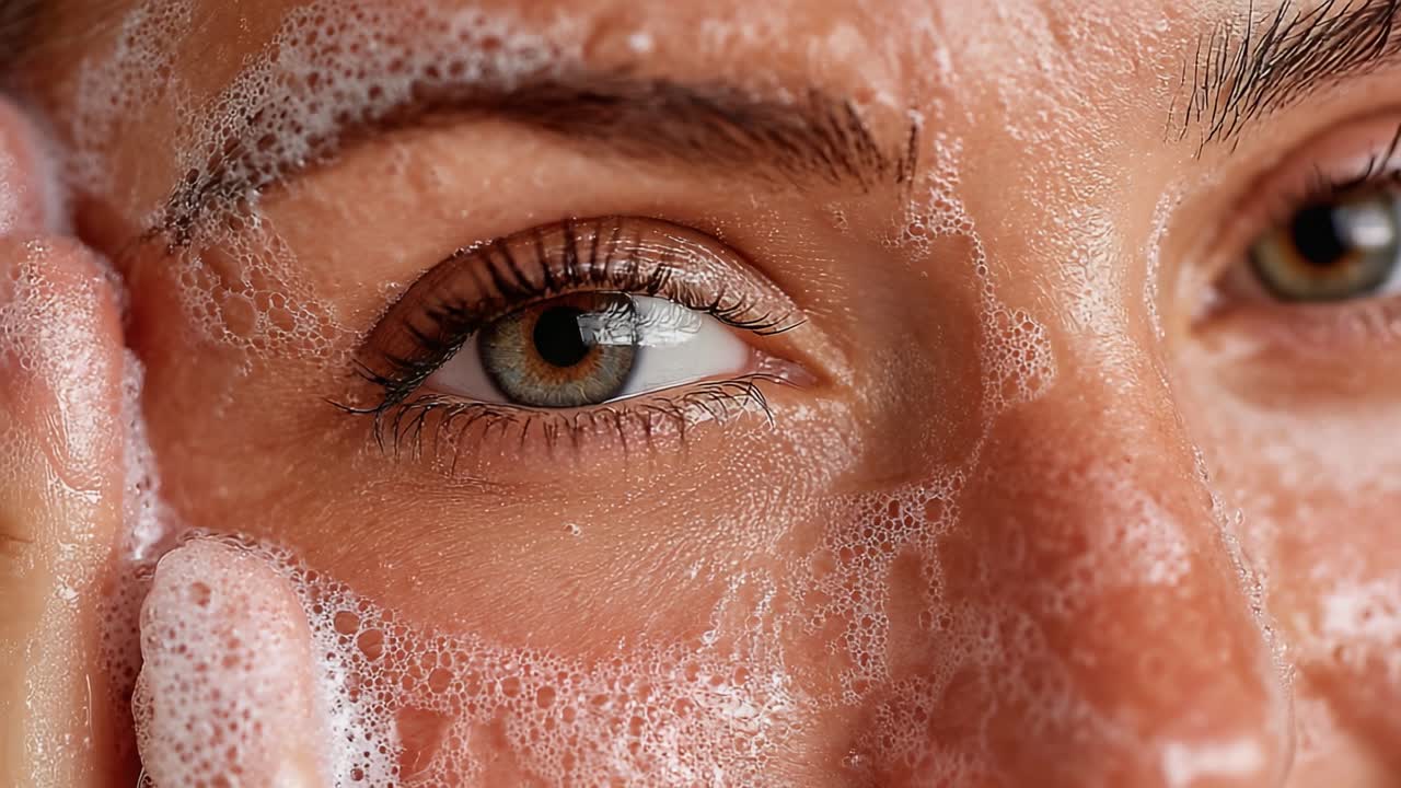 Close-Up of a Woman's Face Washing with Sudsy Cleanser, Highlighting Healthy Skin and Eye Detail, Capturing the Essence of Skin Care Routine and Refreshing Cleansing