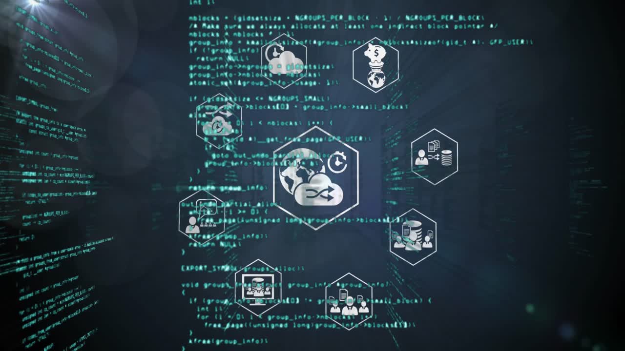 Animation of network of connections with icons over data processing