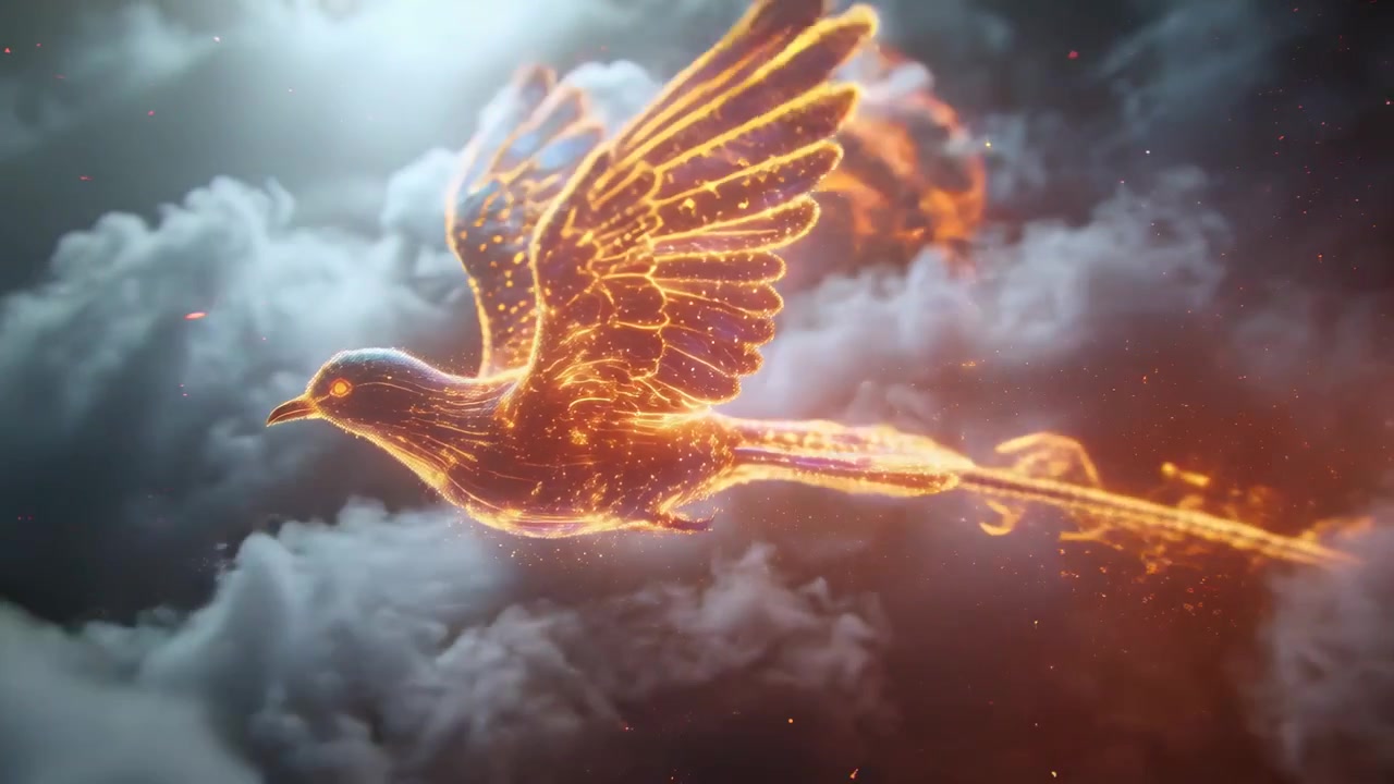 Retroilluminazione che si rivela dietro le nuvole a sinistra, un uccello luminoso che vola a destra attraverso le nuvole, lasciando una scia di scintille.