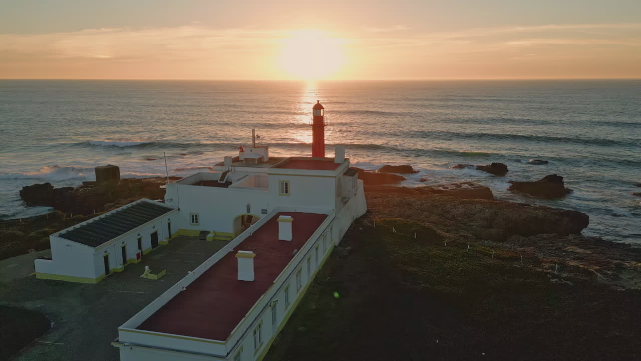 Orange marine sunset aerial view. Majestic golden sun light reflecting in ocean