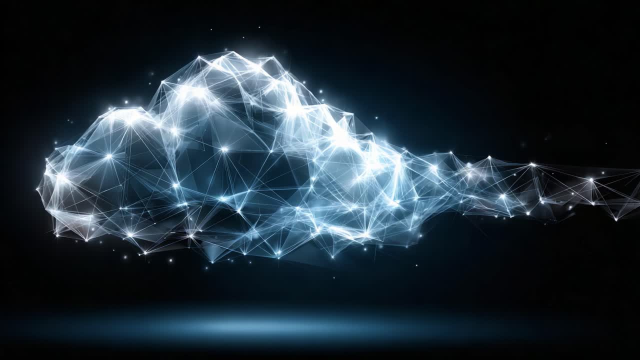 A Captivating Digital Representation of a Cloud Formed by Interconnected Geometric Shapes and Lights, Emanating a Luminous Aura in a Dark Background