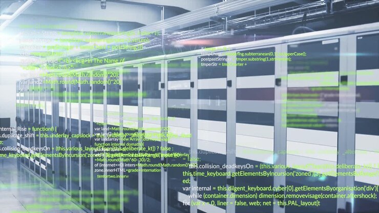 Animation of computer language and illuminated light moving on data server systems