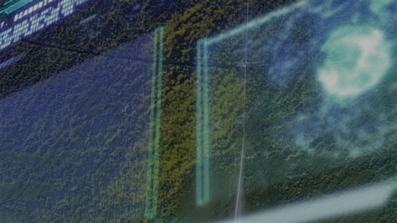 Animation overlaying digital data and graphs on lush green forest landscape