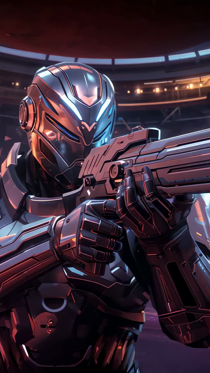 Vertical video: Aiming armored figure holding rifle in circular chamber, with shifting ring lights