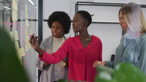 Three-diverse-businesswomen-brainstorming-writing-memo-notes-on-glass-wall-in-office