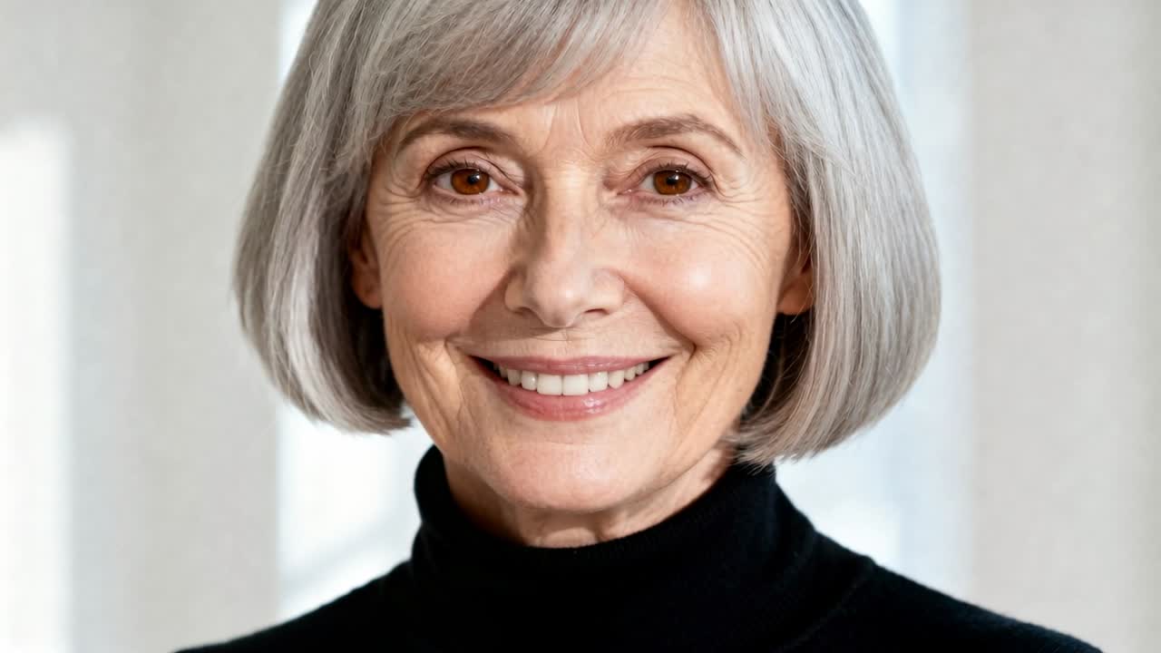 Donna anziana sorridente ti guarda mentre l'obiettivo si allontana nella stanza, dolcevita nero, bagliore della finestra.