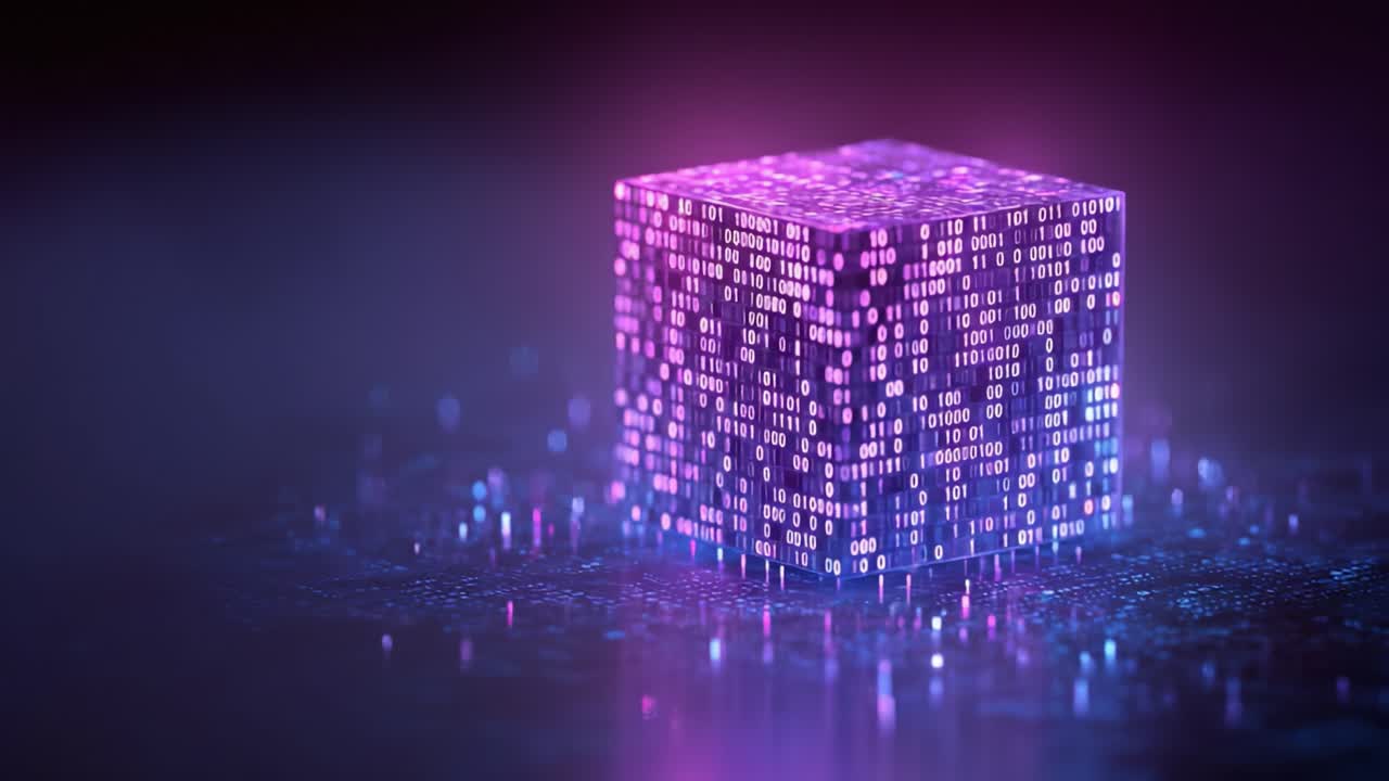 Abstract futuristic concept of a data processing cube with glowing binary code, representing big data, blockchain technology, quantum computing, and artificial intelligence in a digital landscape