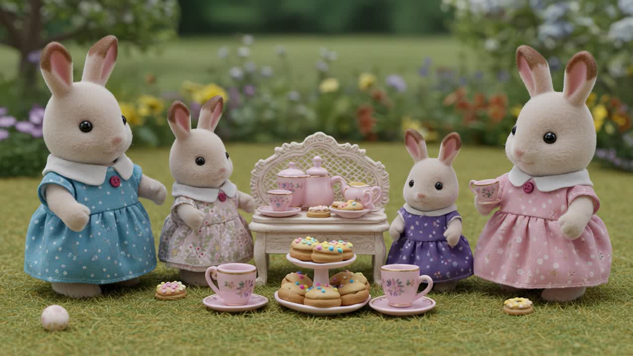 Charming Tea Party with Adorable Bunny Figurines Enjoying Delicious Treats in a Lush Garden Setting Filled with Flowers and Joyful Atmosphere