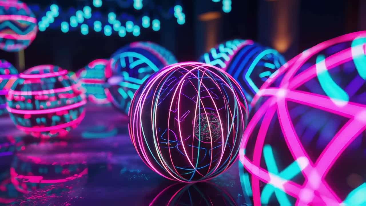 Glowing neon light trails wrapping transparent glass spheres, creating mesmerizing abstract visual composition in dark minimalist environment with soft ambient illumination