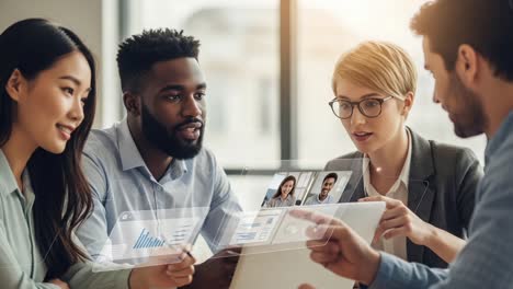 a collaborative discussion among professionals analyzing data on digital devices, showcasing teamwork and communication in a modern workspace