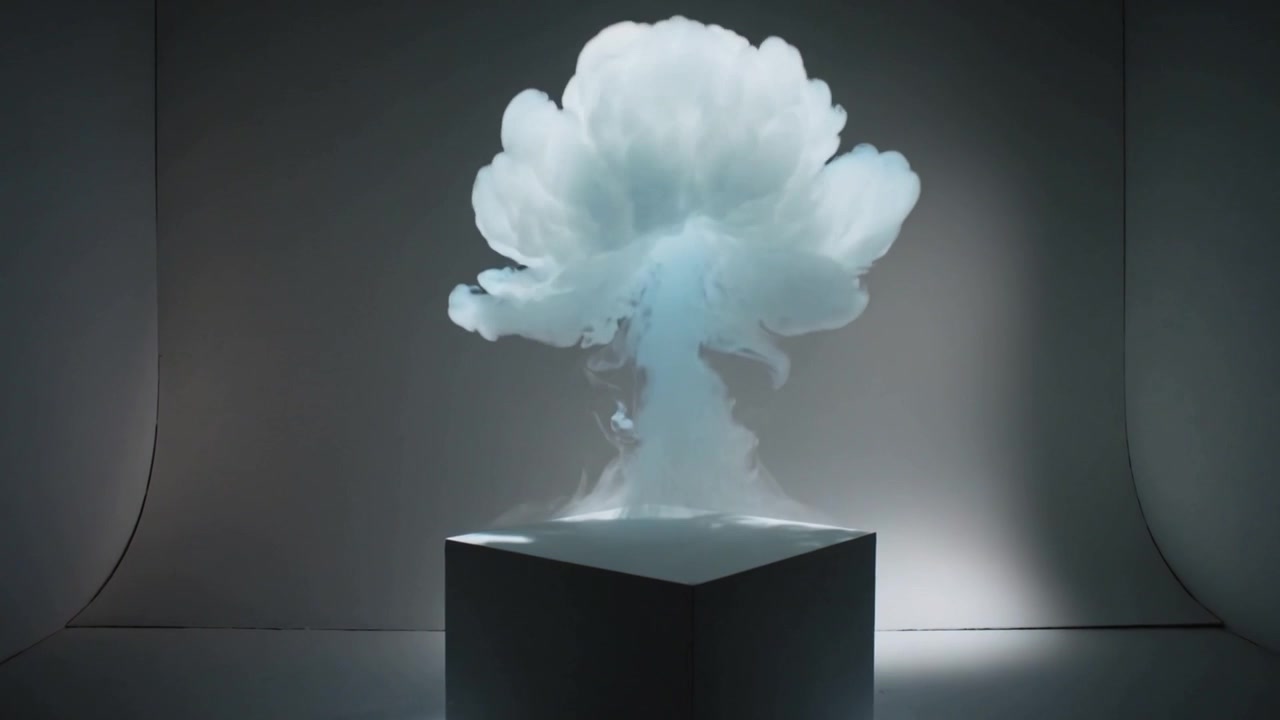 Starting vapor source, plume rising, forming cap, releasing curls from cube pedestal in studio
