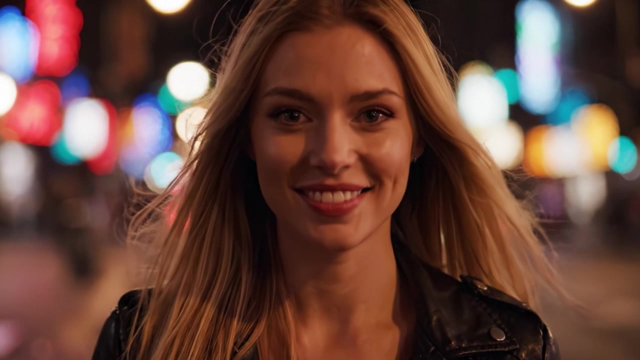 A Captivating Evening: A Young Woman with Long Hair Explores a Lively City Street Filled with Bright Lights and Vibrant Colors, Radiating Confidence and Joy