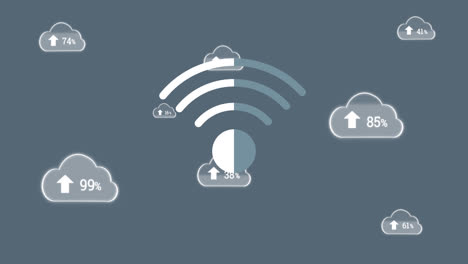 animation of wifi icon and digital clouds with electronic devices on grey background