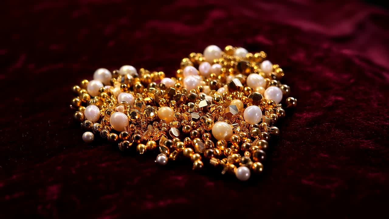 Inizio ripresa, camera che si allontana e si inclina, mostrando un cuore d'oro e perla su velluto bordeaux