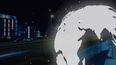 animation of globe and financial data processing over cityscape