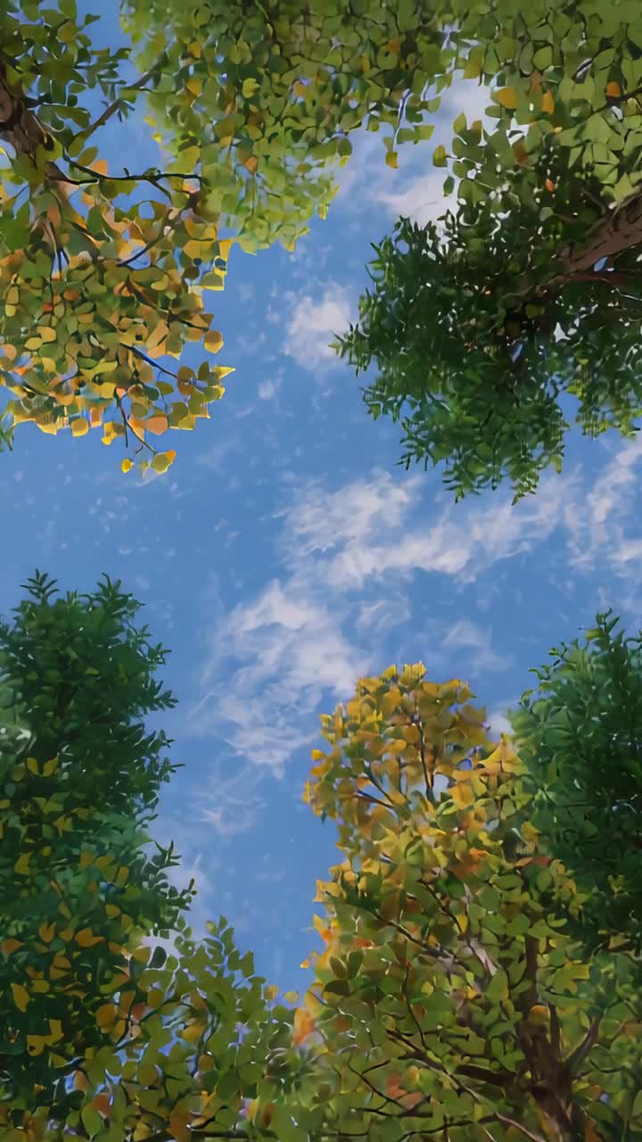 Video verticale: chioma di un albero ondeggiante che rivela un cielo azzurro con una leggera brezza che sposta le nuvole sopra un parco
