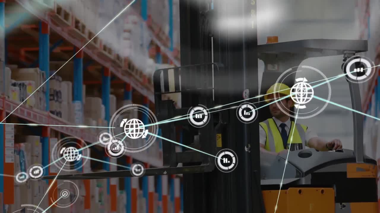Network of digital icons against caucasian male worker using forklift at warehouse