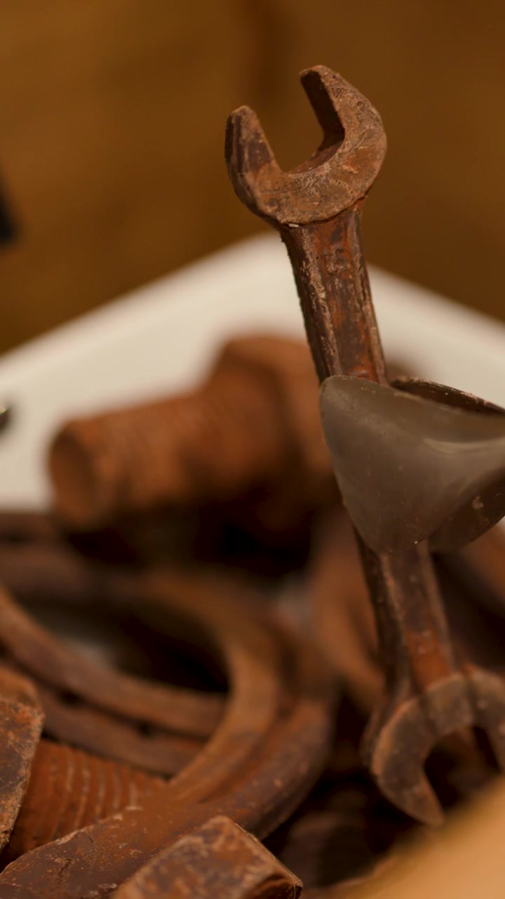 Hand uses tongs to pick chocolate wrench from assorted tool-shaped sweets in warm shop lighting