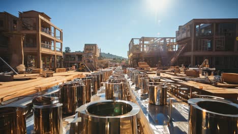 construction site with metal beams under clear blue sky in daylight