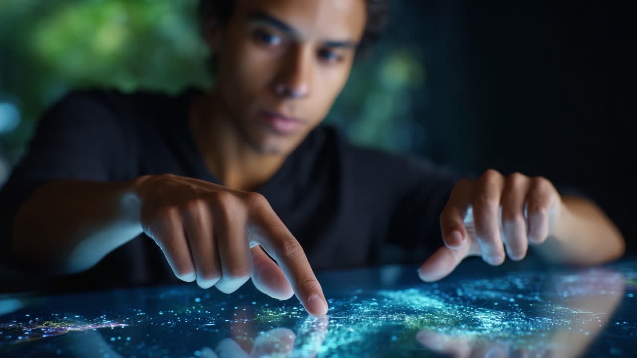 Esplorando la tecnologia interattiva: focus su un utente che interagisce con un'interfaccia touchscreen futuristica che visualizza immagini cosmiche vivide e visualizzazione di dati