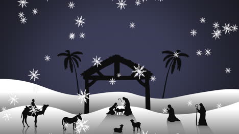 animation of snow falling over nativity scene