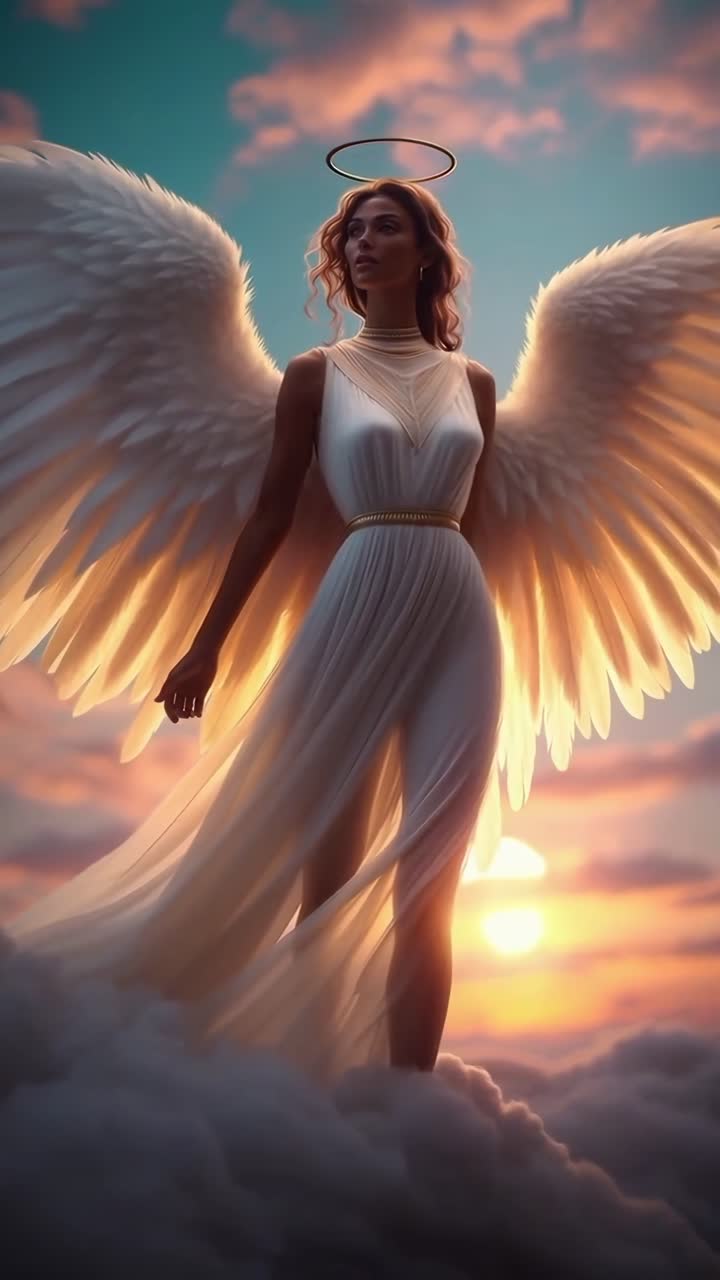 Ethereal angel with halo, shot from a low angle, against a sunset sky
