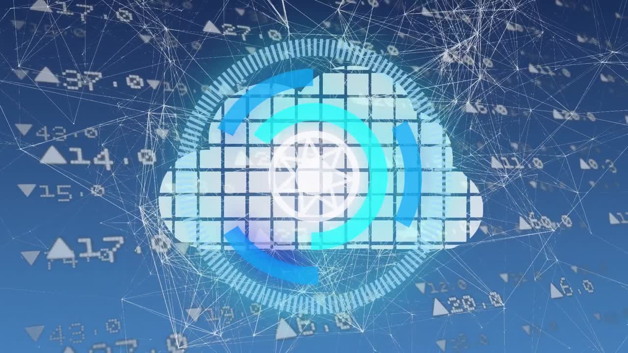 Animation of scope scanning over cloud icons and network of connections on blue background