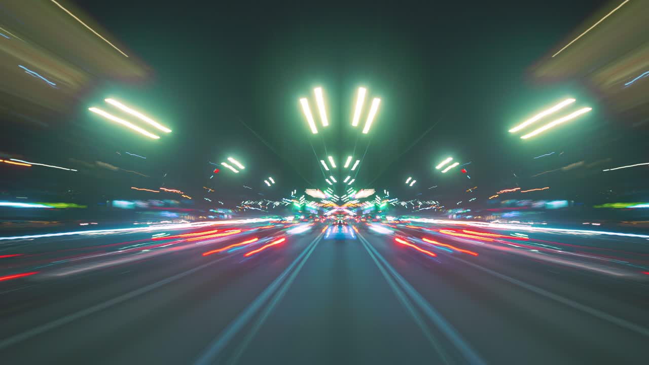 hiperlapso simétrico movimiento rápido en la calle nocturna