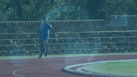 running on track, athlete with digital target animation overlay, focused on goal