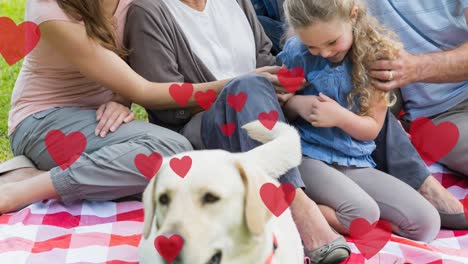 animación de iconos de corazón flotando sobre perro mascota con familia caucásica