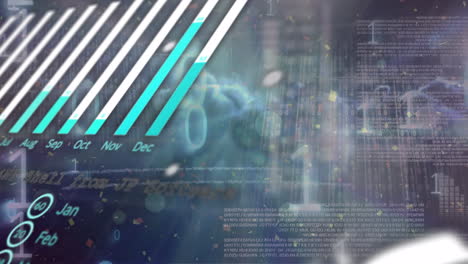 animation of statistical data processing and binary coding against clouds in the sky