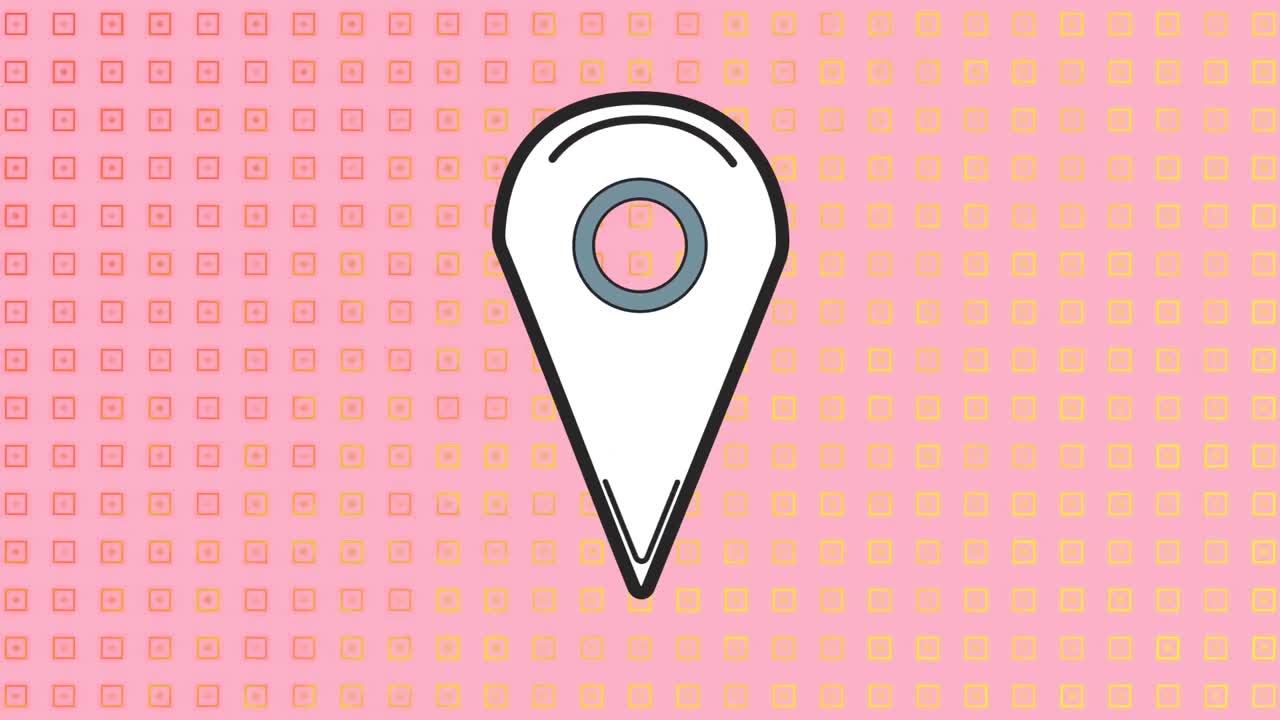 animación del icono del alfiler de ubicación contra formas abstractas en un patrón sin costuras contra un fondo rosa.