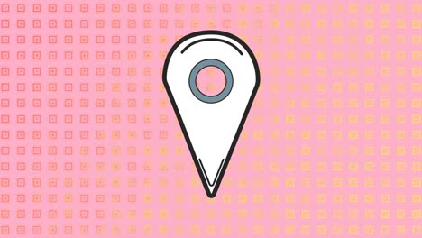 animation of location pin icon against abstract shapes in seamless pattern against pink background