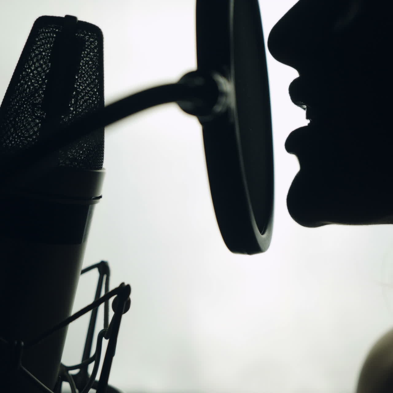 Lovely woman singing into the microphone in the recording studio. Profile of a singer with a beautiful face and lips. Black and white.Close up