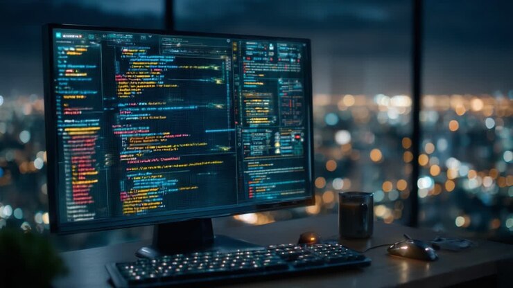 A High-Tech Software Development Environment Featuring Display Screens of Code and a Night Cityscape, Showcasing Advanced Programming and Modern Technology
