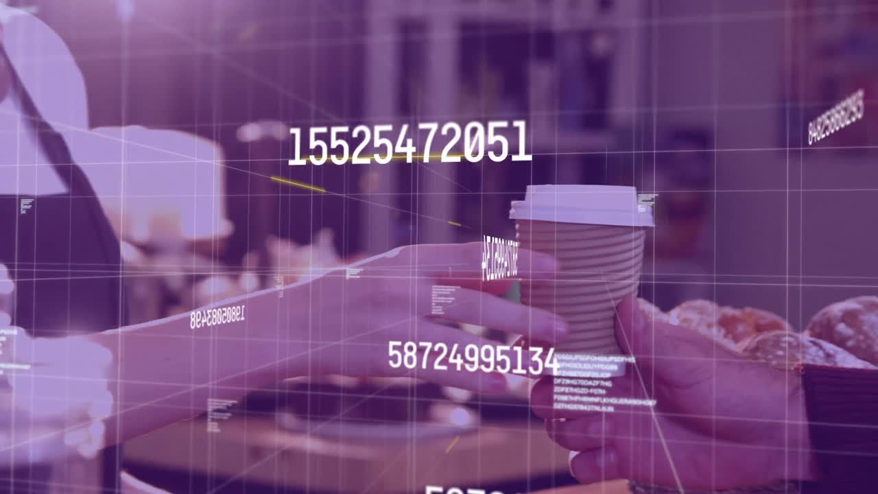 Animation of changing numbers over caucasian waiter giving coffee to customer