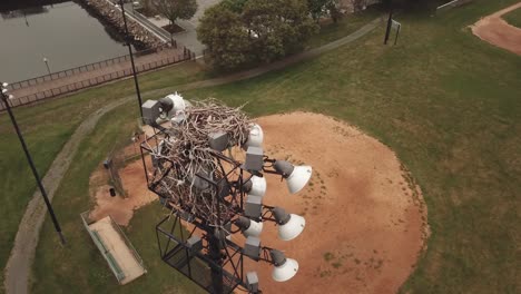 an empty bird's nest on top of the light tower, overlooking a baseball field in boston, massachusetts - aerial