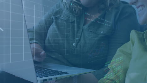 animación de análisis de datos financieros sobre personas que trabajan en portátiles