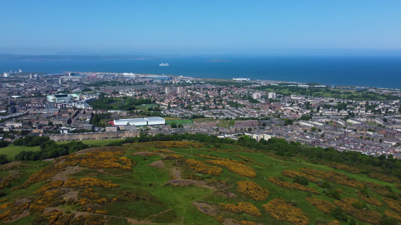 Aerial drone view of lakes and heals in Edinburgh United Kingdom