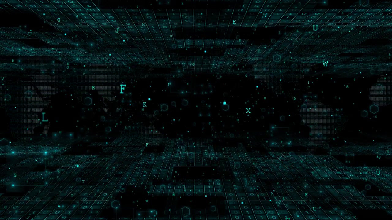 Teal global data matrix animation with world map silhouettes binary tiles floating characters and