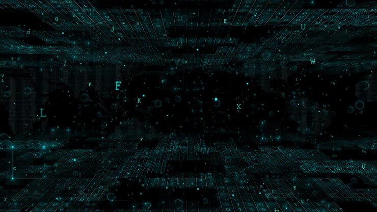 Teal global data matrix animation with world map silhouettes binary tiles floating characters and